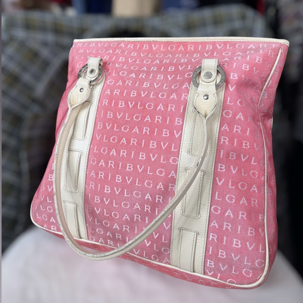Bulgari Pink Logo Canvas Tote with Cream Leather Trim